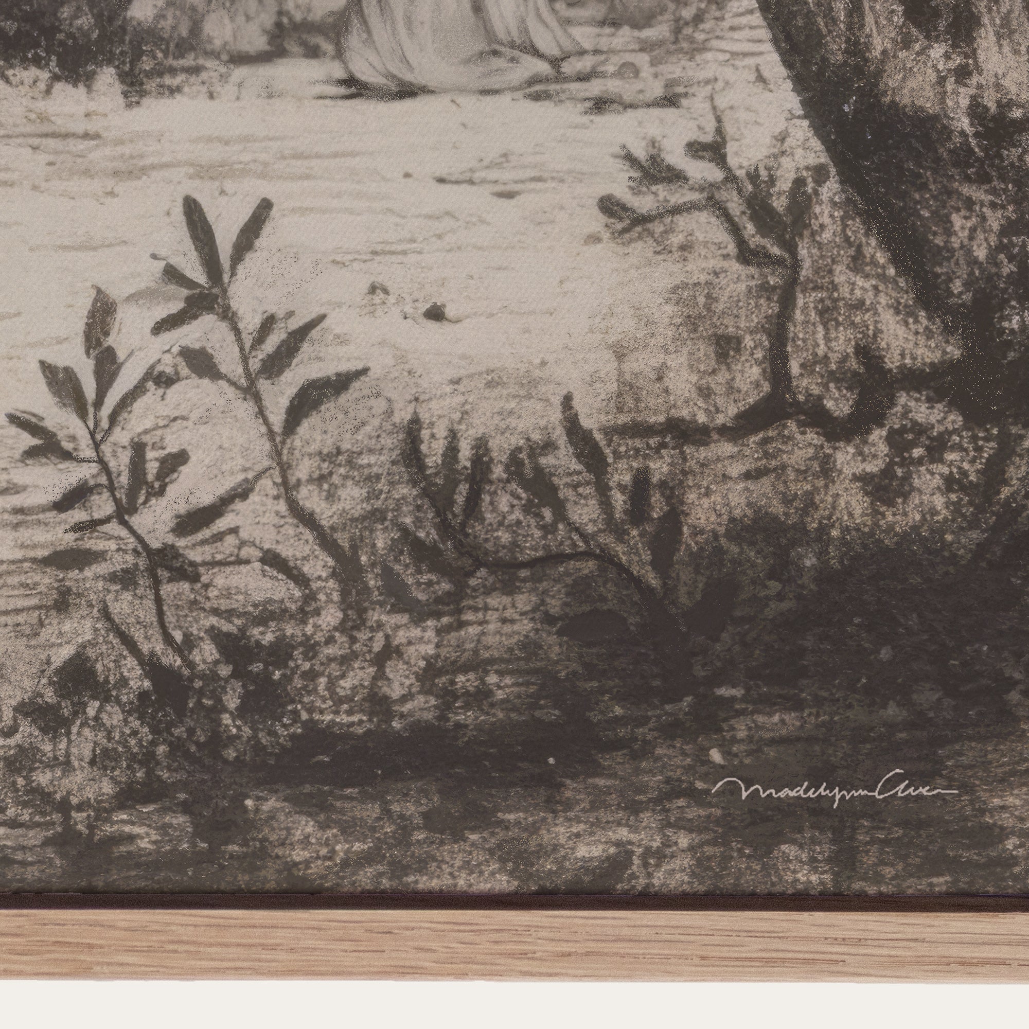 Artistic depiction of a landscape with trees and water, possibly a woodcut or engraving. 