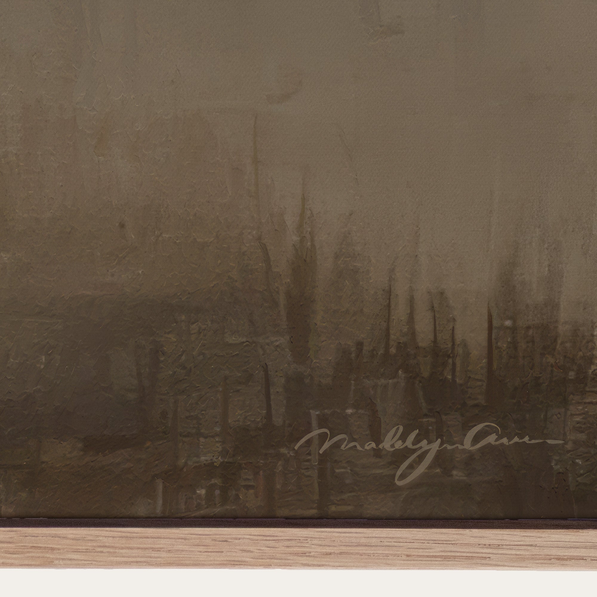 Vintage-style cityscape with a signature at the bottom right corner. 