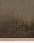 vintage-style cityscape with a signature at the bottom right corner. 