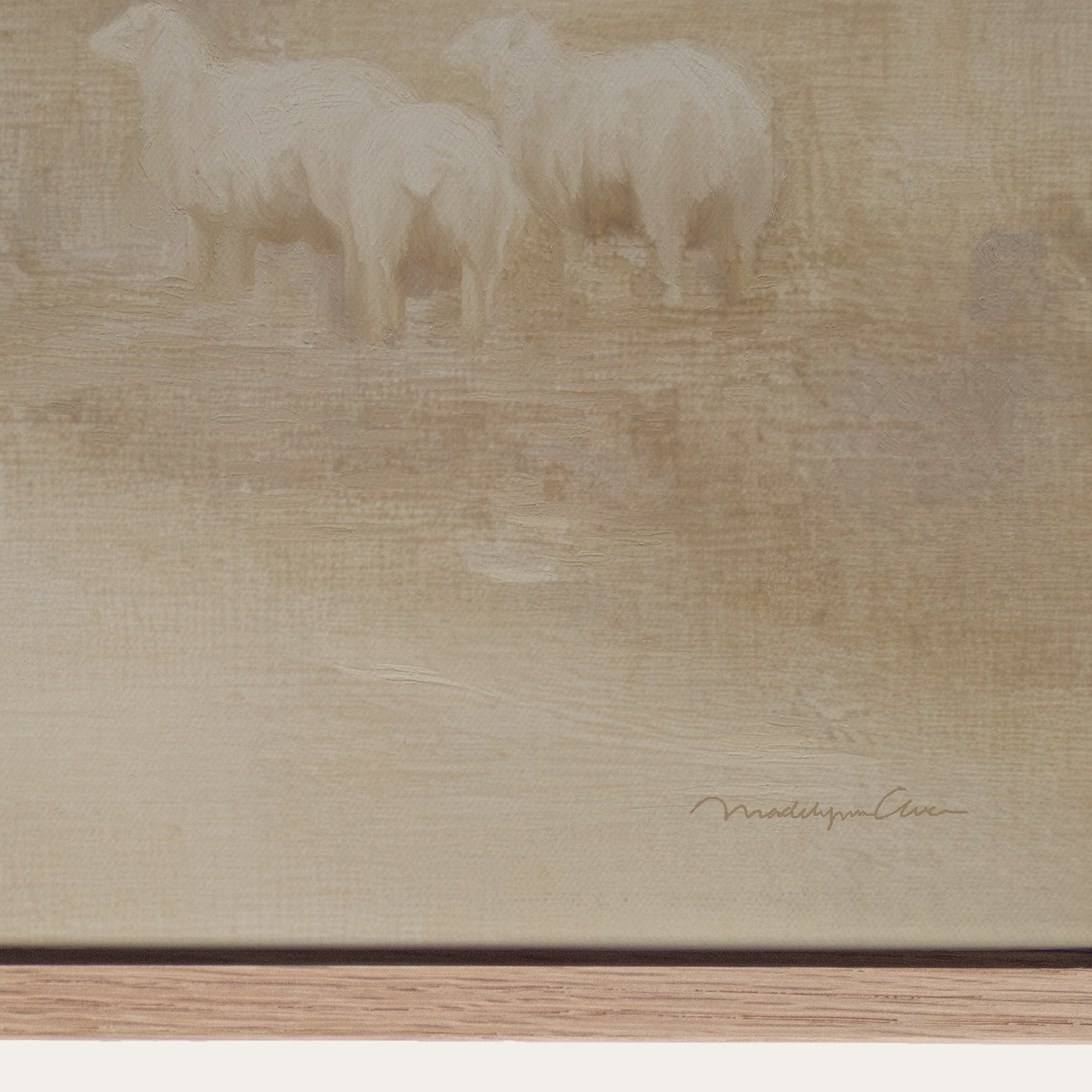 Two sheep in a field on a textured beige background 