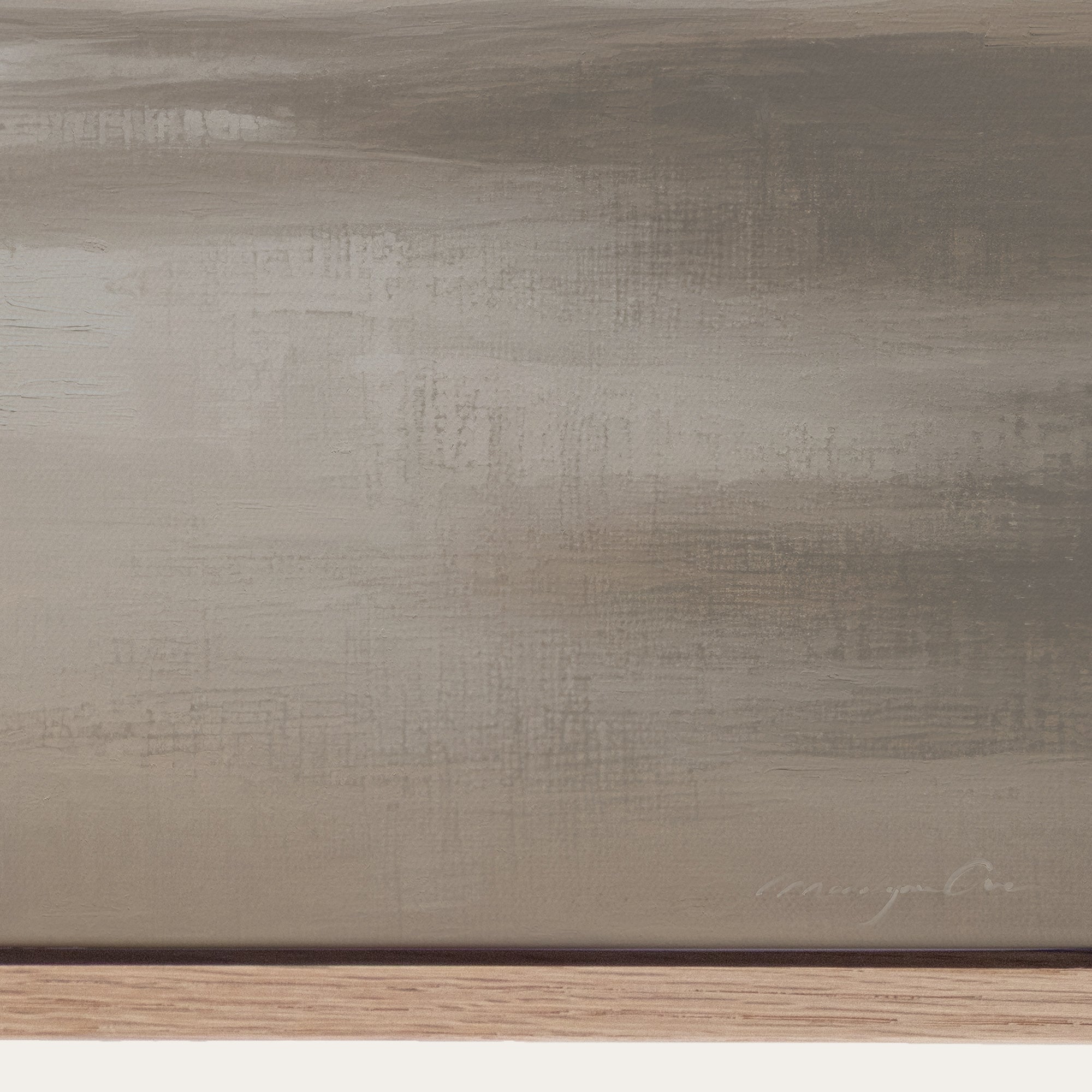 Abstract painting with horizontal brush strokes in brown and beige tones. 