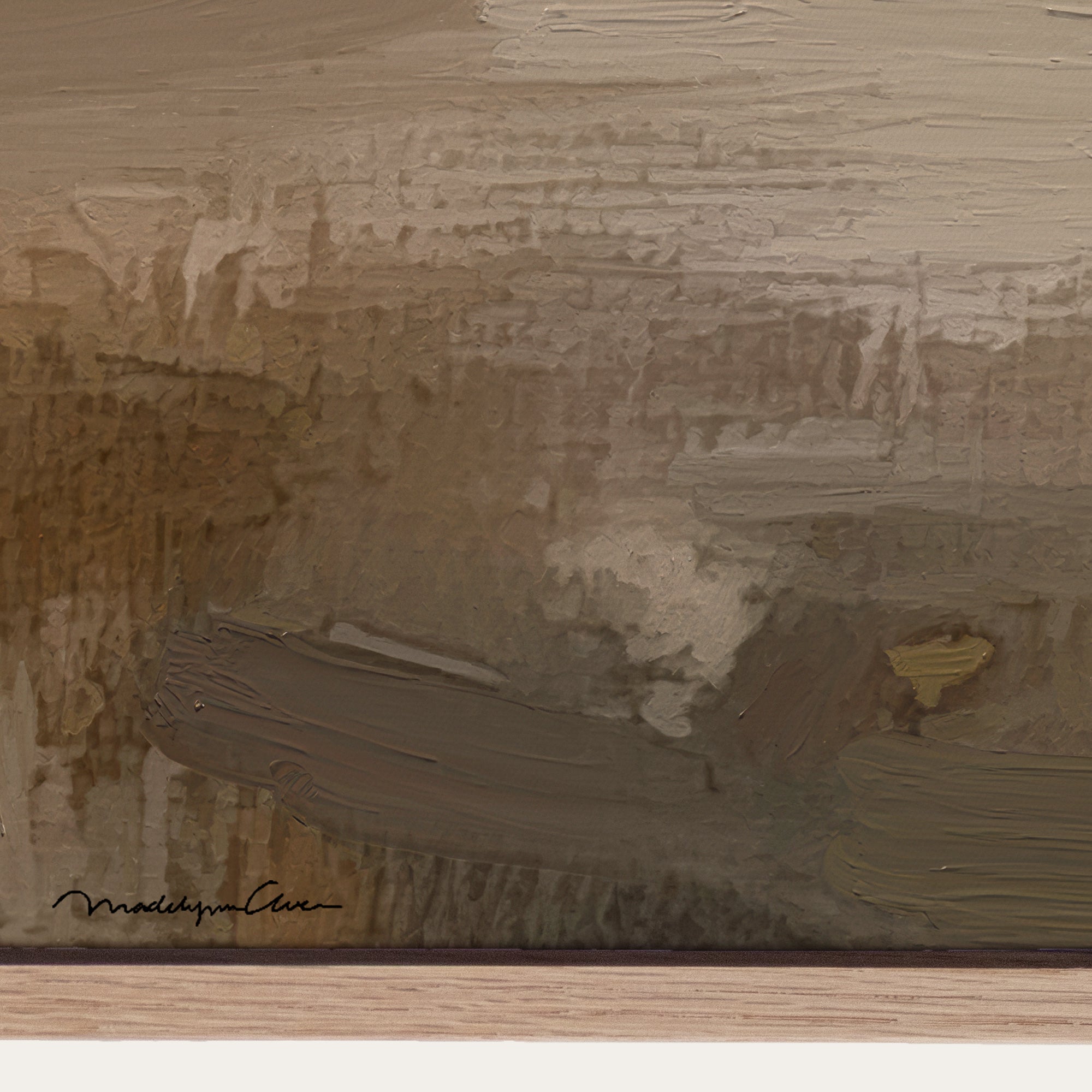 Abstract painting with textured brushstrokes in brown and beige tones, signed by the artist. 