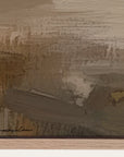 abstract painting with textured brushstrokes in brown and beige tones, signed by the artist. 