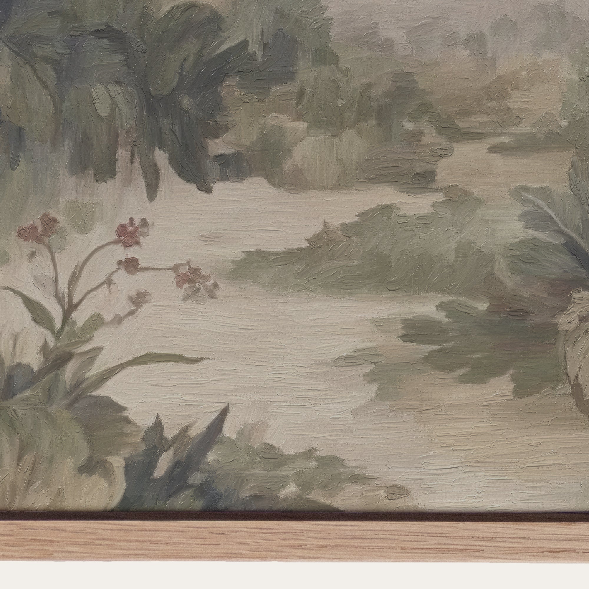 Nature-themed design with water, plants, and flowers on a wooden surface 