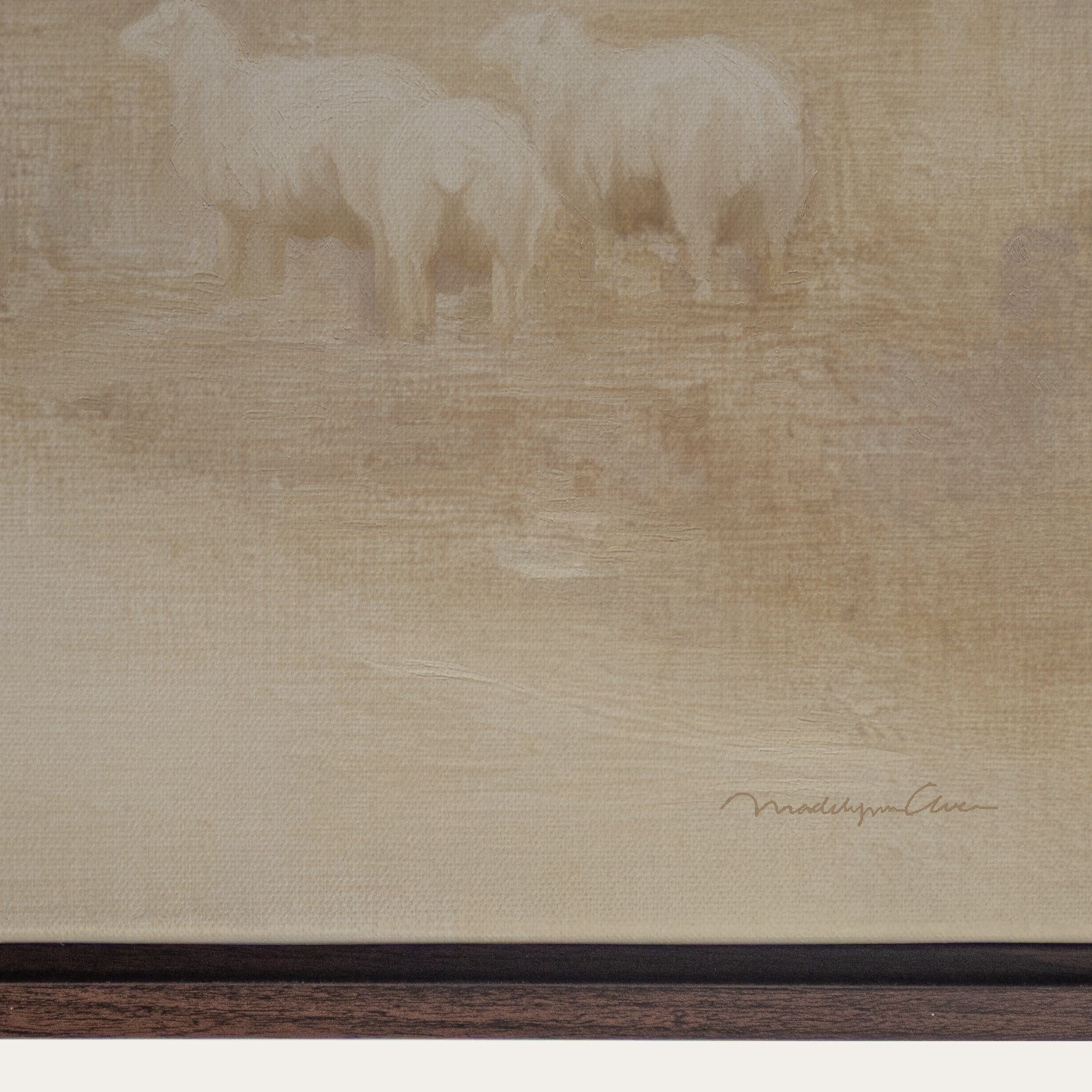 Artistic depiction of two sheep on a textured beige background with a signature at the bottom right corner. 
