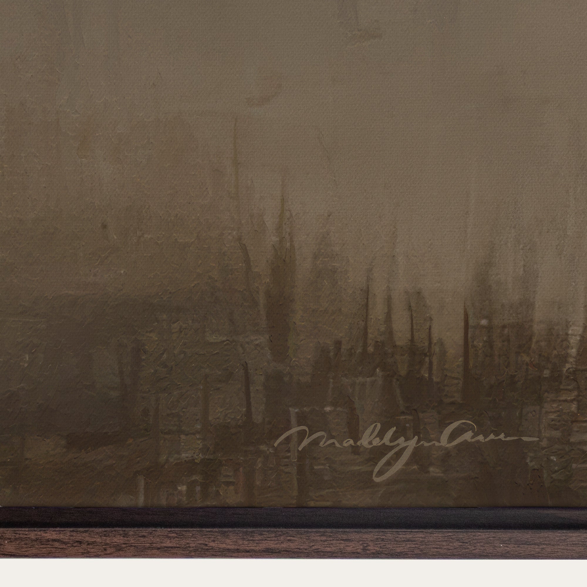 Artistic depiction of a city skyline with a signature at the bottom right corner. 