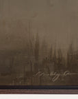 artistic depiction of a city skyline with a signature at the bottom right corner. 