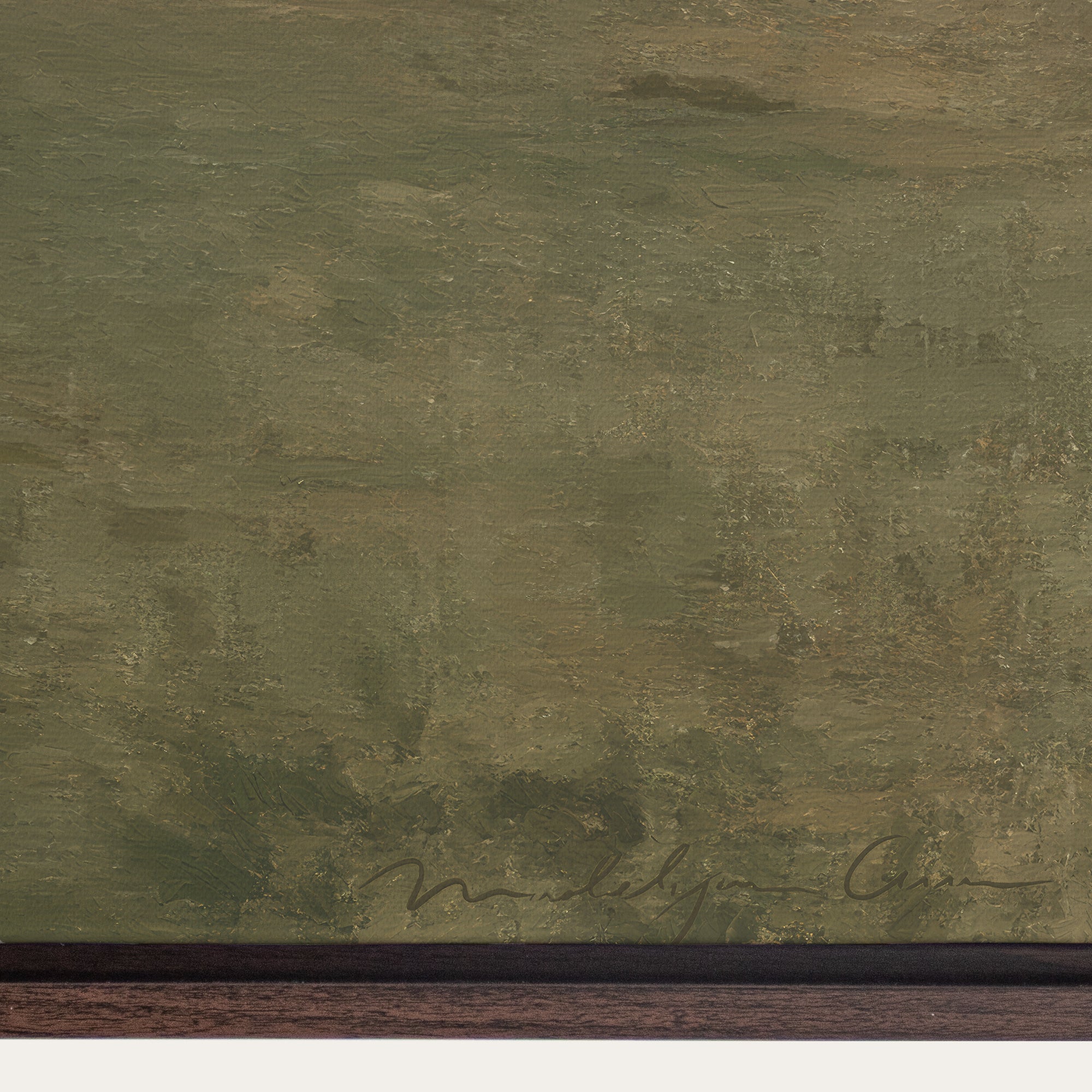 Textured green painting with a signature at the bottom right corner 