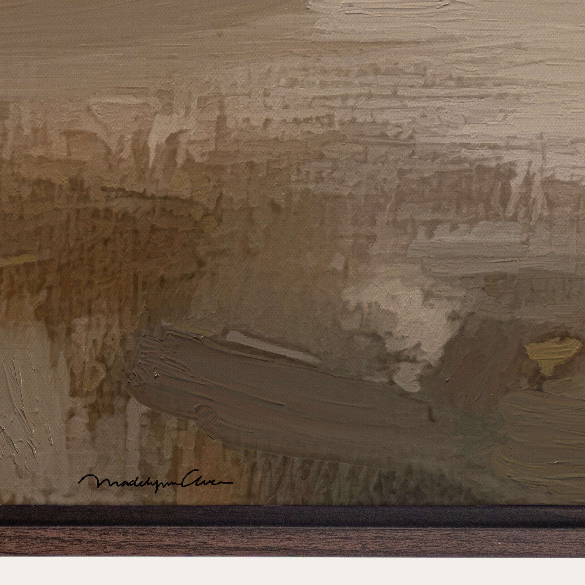 Abstract painting with textured brushstrokes in earthy tones, signed by the artist. 