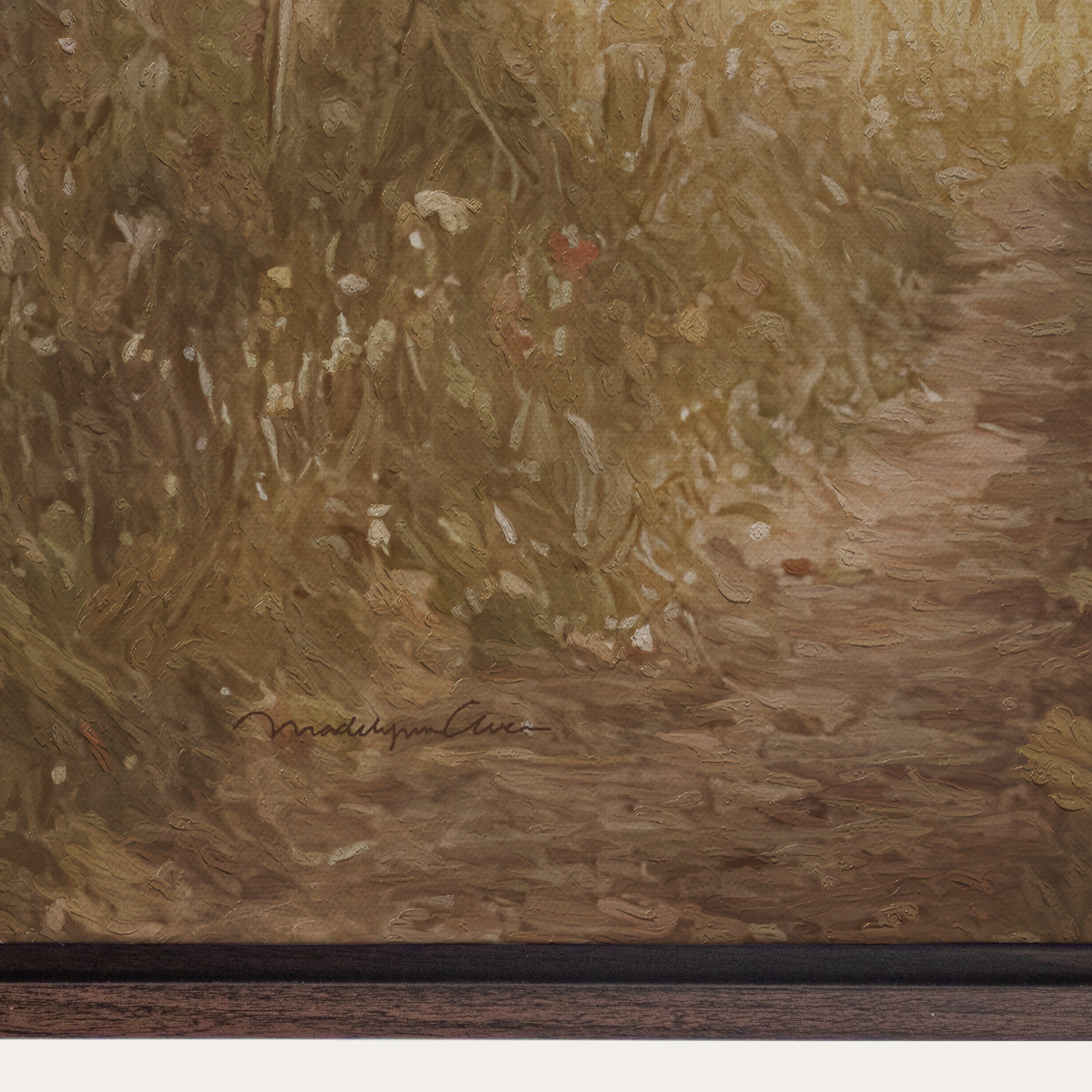 Close-up of a painting with textured brushstrokes and a signature at the bottom right corner. 