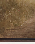 close-up of a painting with textured brushstrokes and a signature at the bottom right corner. 