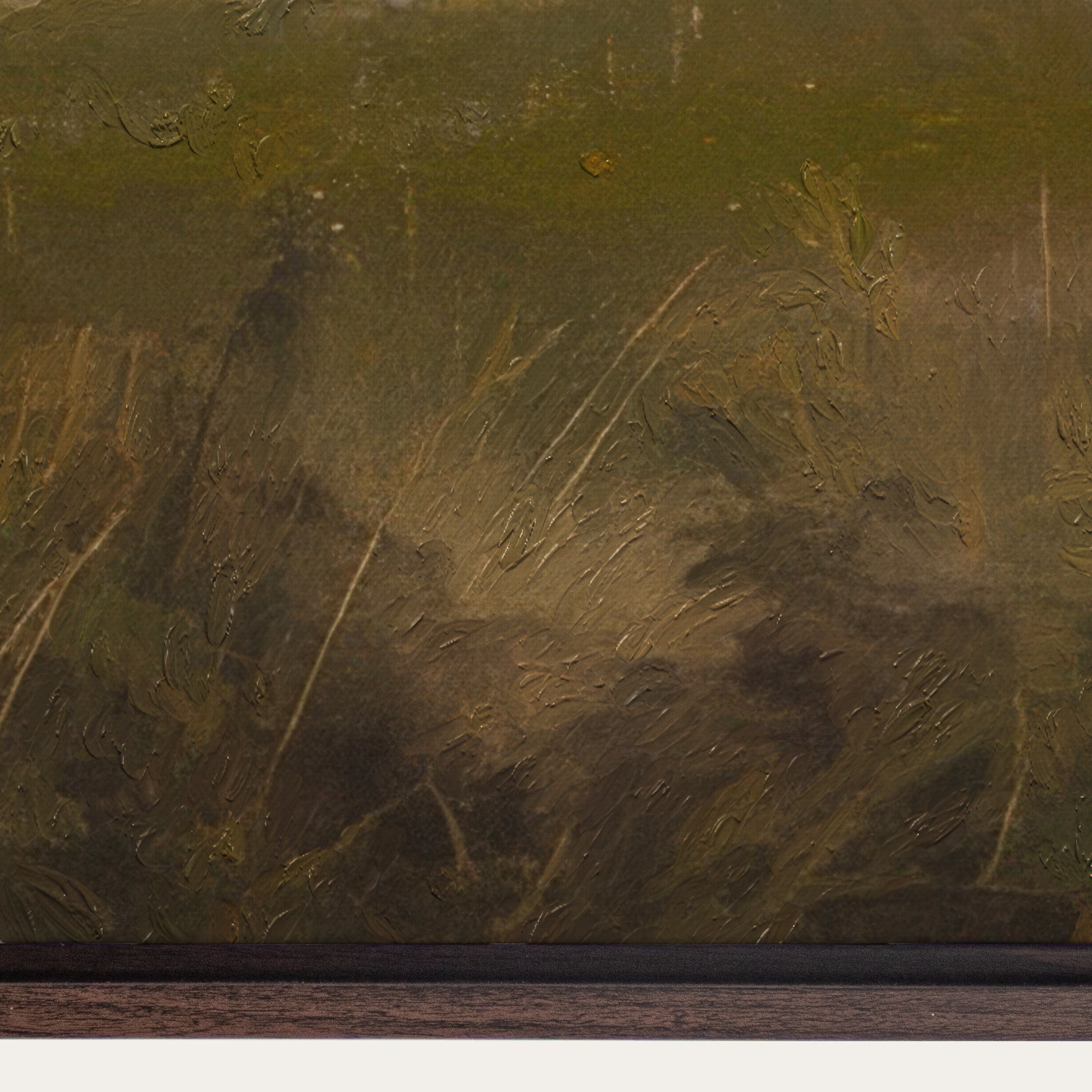 Abstract painting with textured brushstrokes in green and brown tones. 