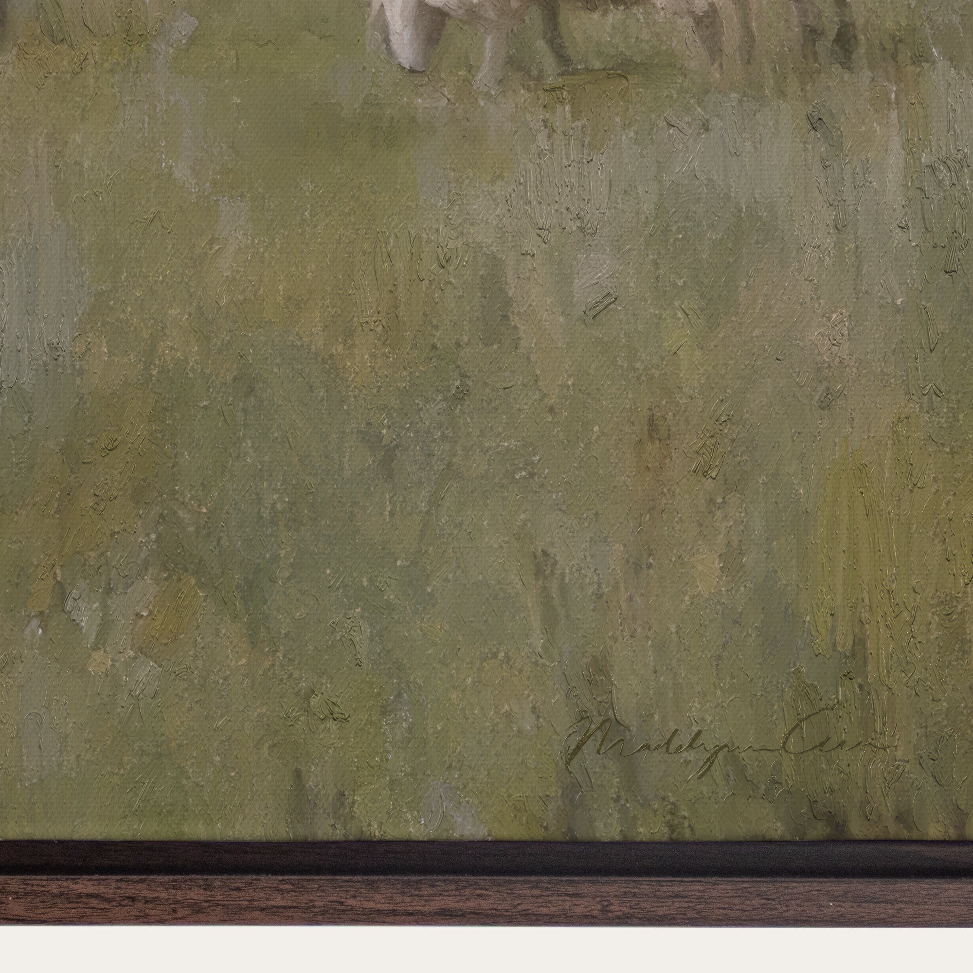 Close-up of a textured green surface with a signature at the bottom right corner. 