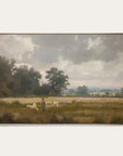 framed artwork of a pastoral scene with a shepherd and sheep in a field. 