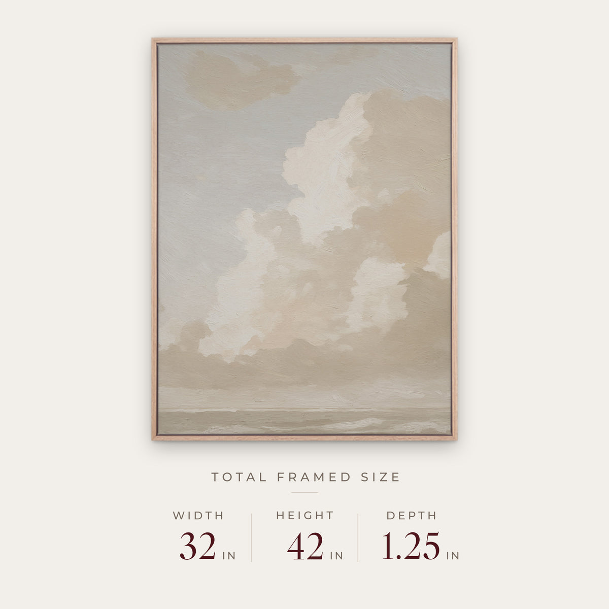 Glory in a light oak floater frame with its total framed size listed below: 32 inches wide, 42 inches high, and 1.25 inches deep. #Oak #30x40