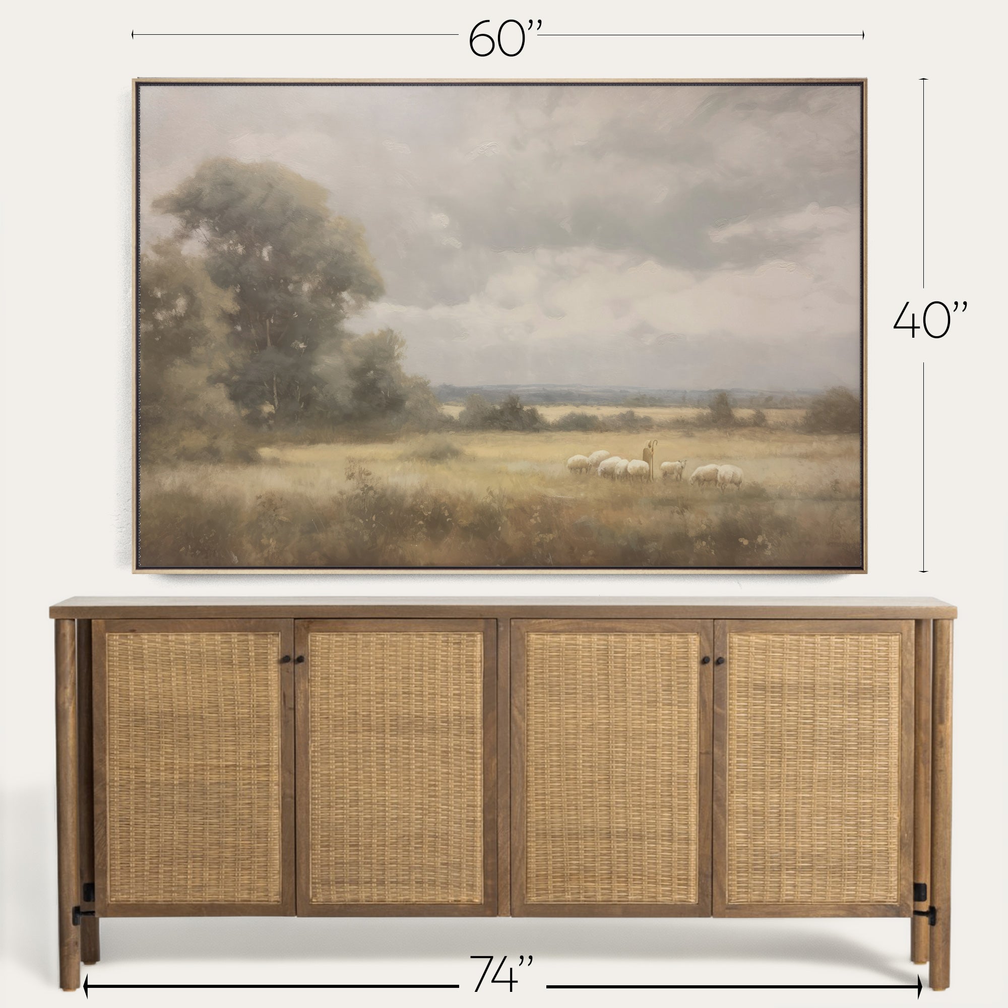 Wooden sideboard with wicker doors and a framed landscape painting above it, showing dimensions. 
