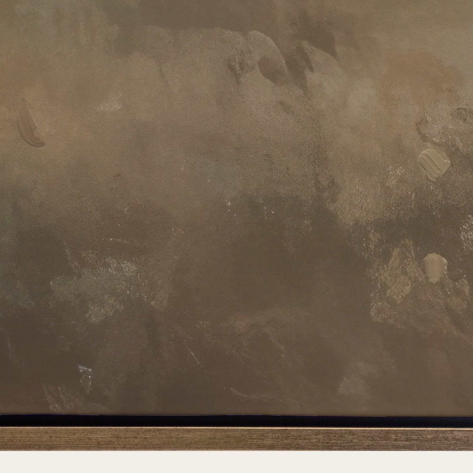 Closeup of a painting that shows the gap between the canvas and the wooden frame. 