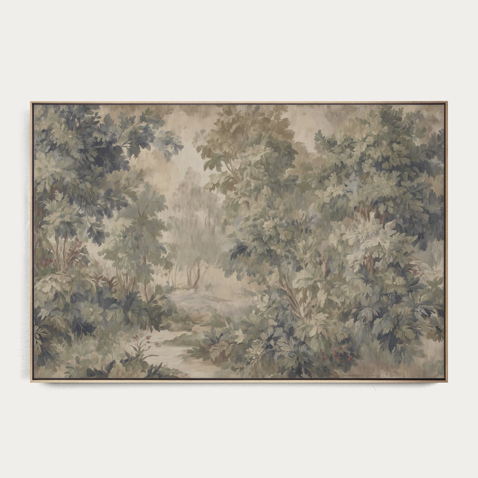 Framed artwork of a forest scene with trees and foliage on a white background 