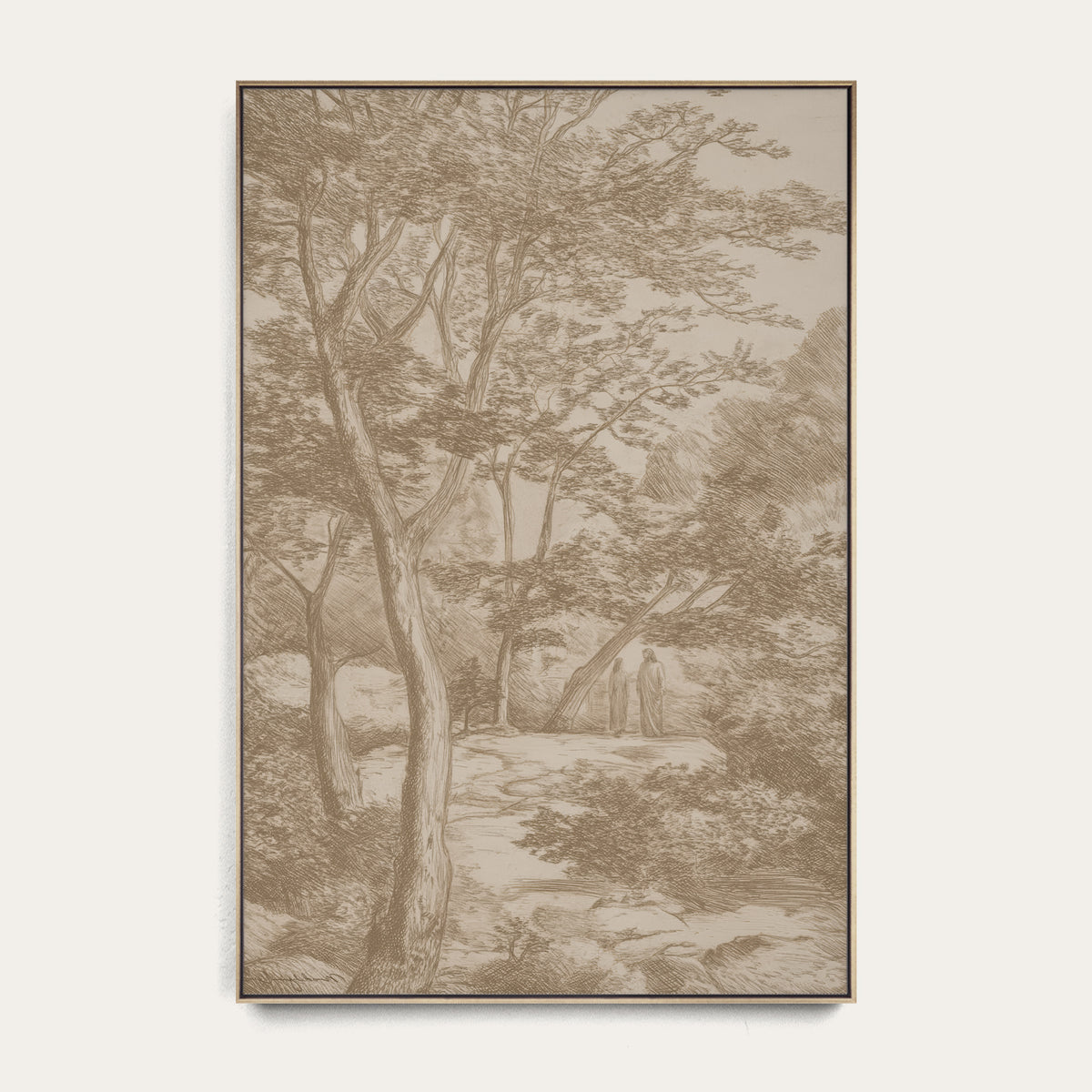 A framed sepia-toned landscape artwork showing trees, a path, and two small human figures, presented against a light neutral background. 