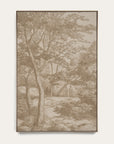 a framed sepia-toned landscape artwork showing trees, a path, and two small human figures, presented against a light neutral background. 
