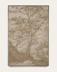 a framed landscape art print featuring a detailed sepia-toned sketch of a tree and rocky terrain, displayed against a light off-white background. 