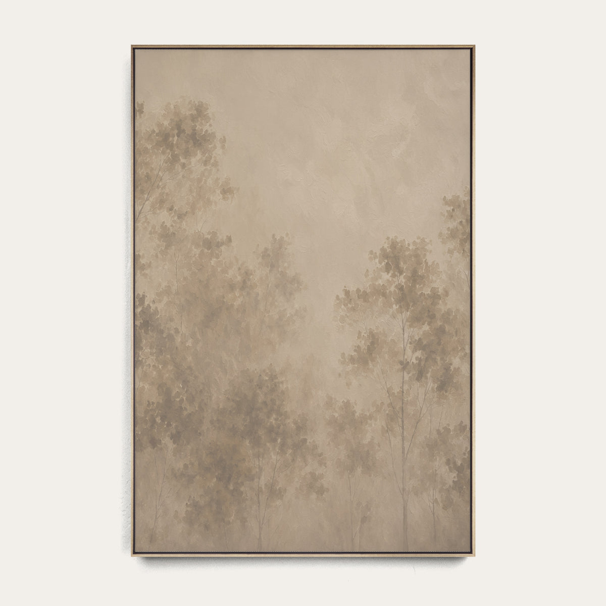 A framed vertical art print featuring a soft, muted forest scene in warm beige and taupe tones, hung against a light off-white wall. 