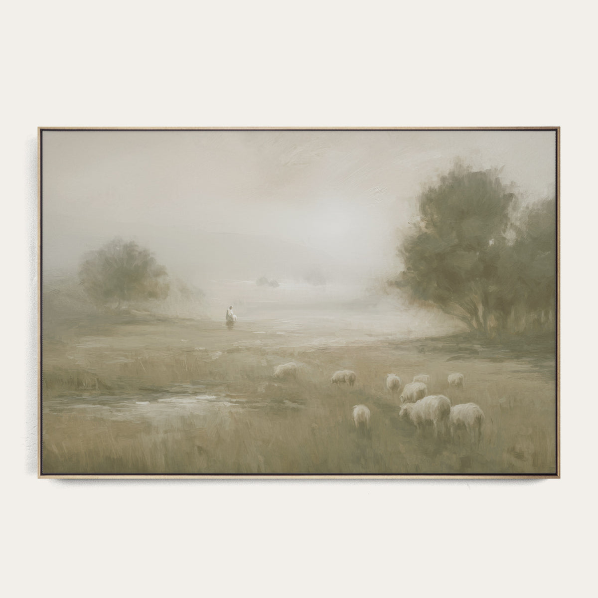 Framed artwork of a pastoral scene with sheep and a person in a field. 