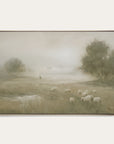 framed artwork of a pastoral scene with sheep and a person in a field. 