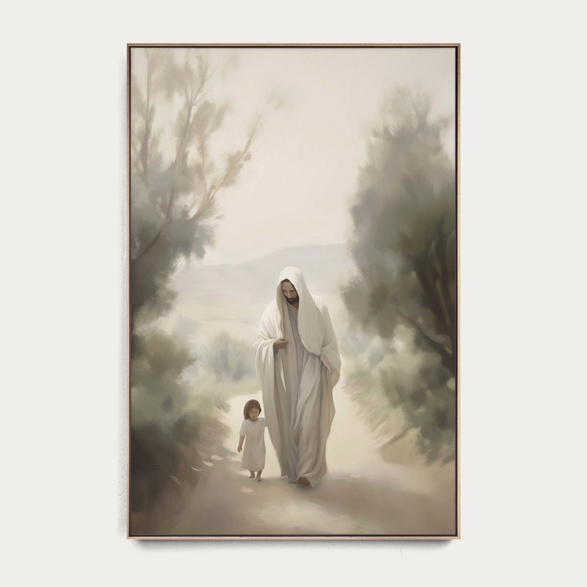 Framed artwork of Jesus in a white robe walking with a child through a misty forest. 