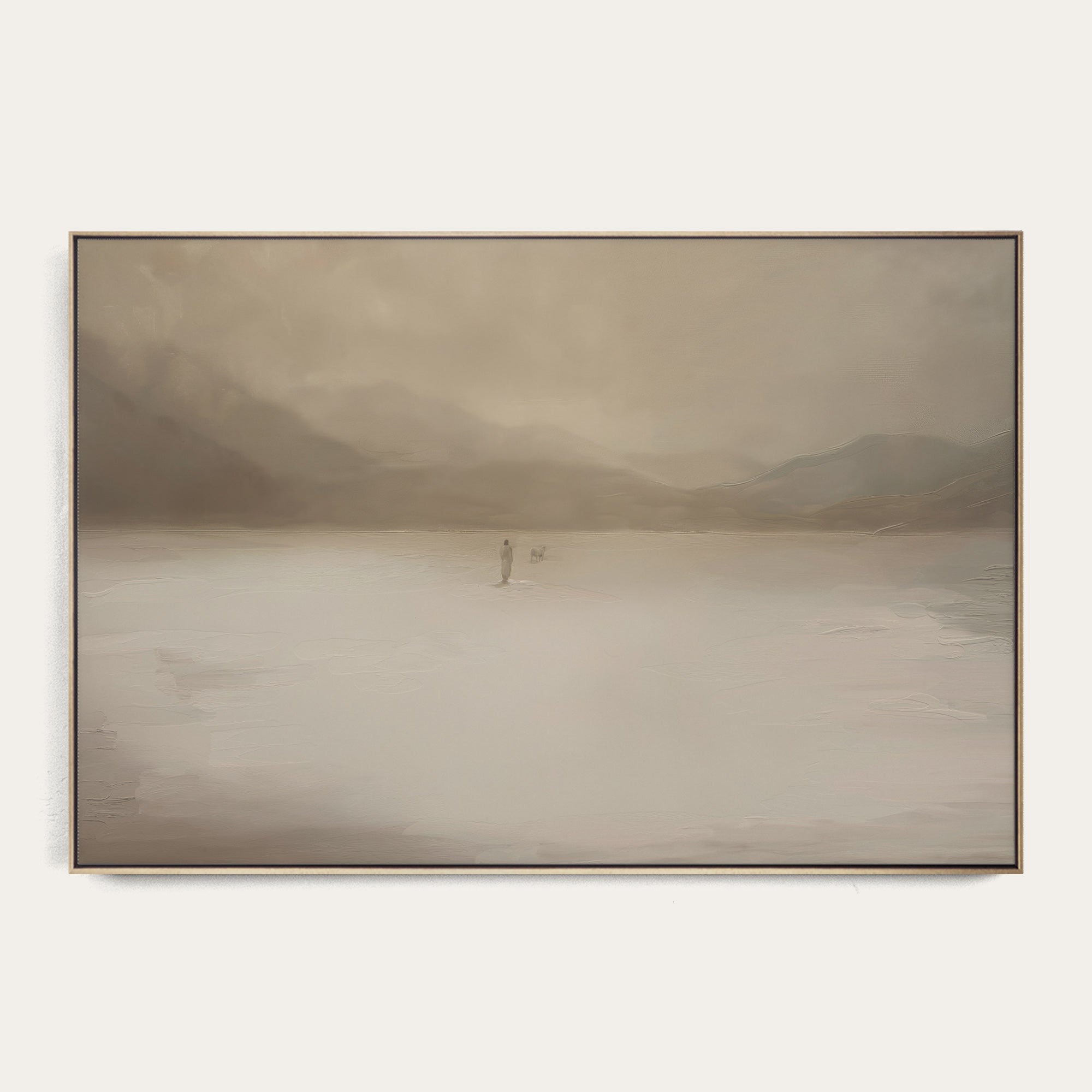 Framed landscape painting of a misty mountain scene with a lake. 