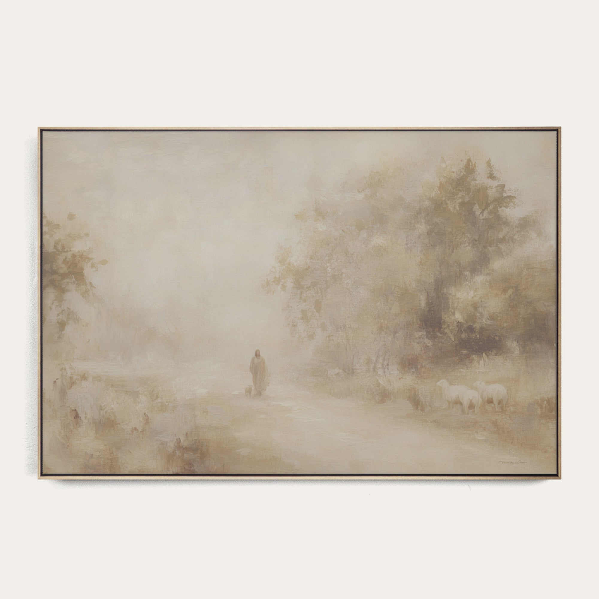 Framed landscape painting with a person and animals in a misty forest setting. 