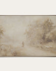 framed landscape painting with a person and animals in a misty forest setting. 