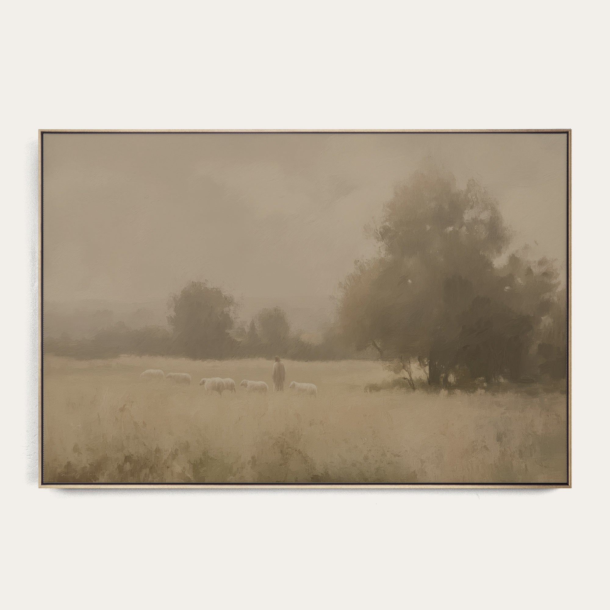 Framed artwork of a landscape with trees and a person in a field. 