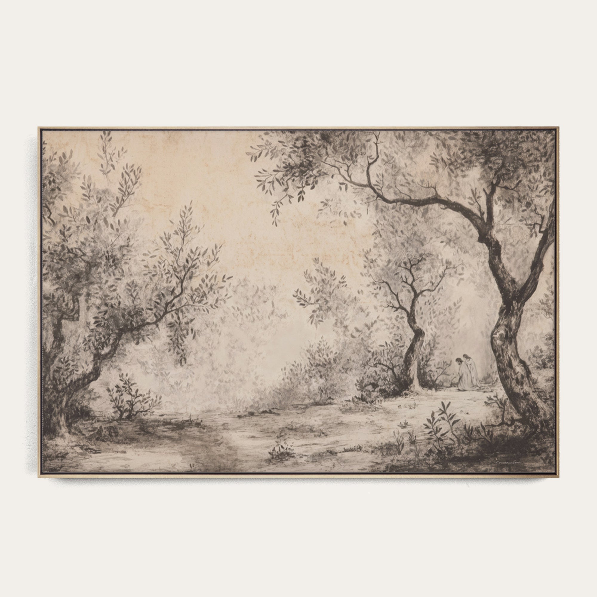 Framed artwork of a landscape with trees on a white background 