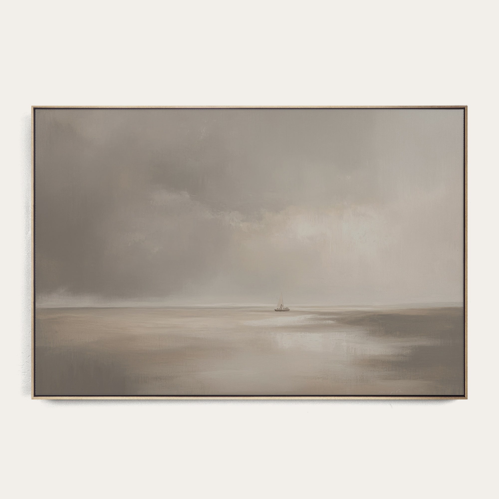 Framed artwork of a landscape with a boat on water under a cloudy sky. 