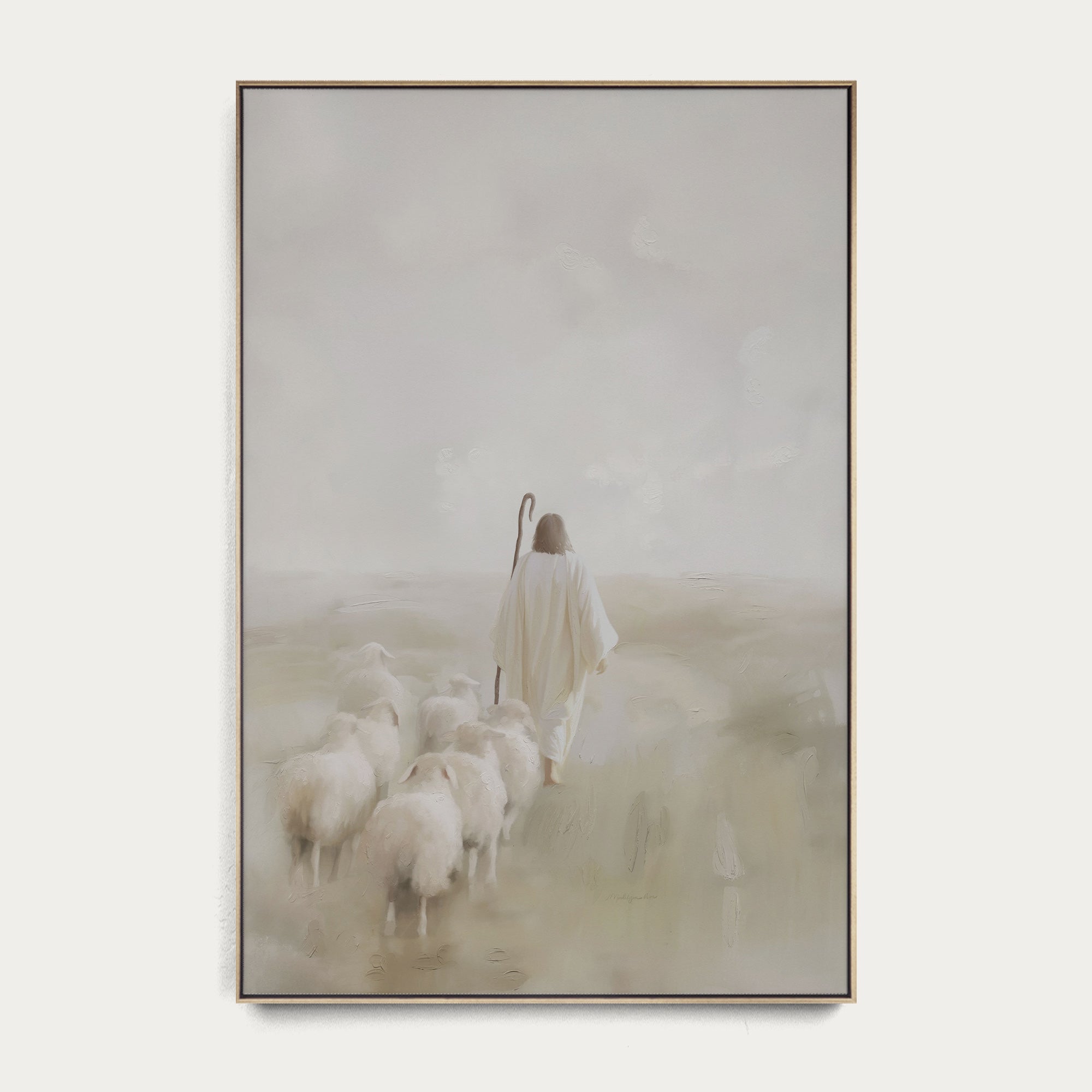 Framed artwork of a shepherd with sheep in a misty landscape 