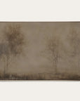 framed artwork of a misty landscape with trees on a plain background 