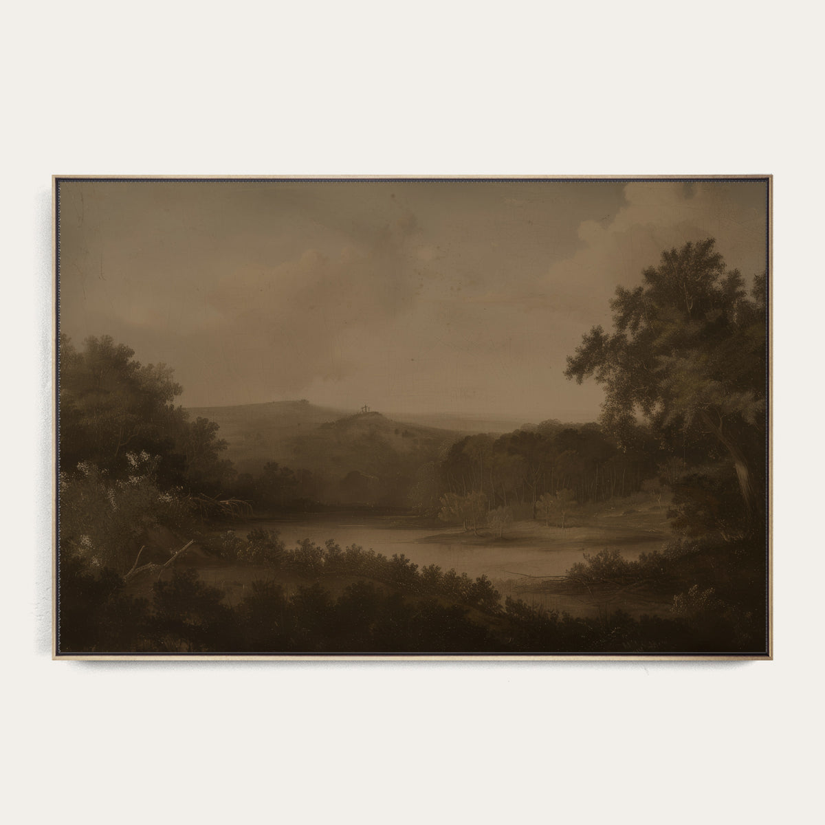 Sepia-toned landscape painting with trees and a river on a white background 