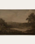 sepia-toned landscape painting with trees and a river on a white background 