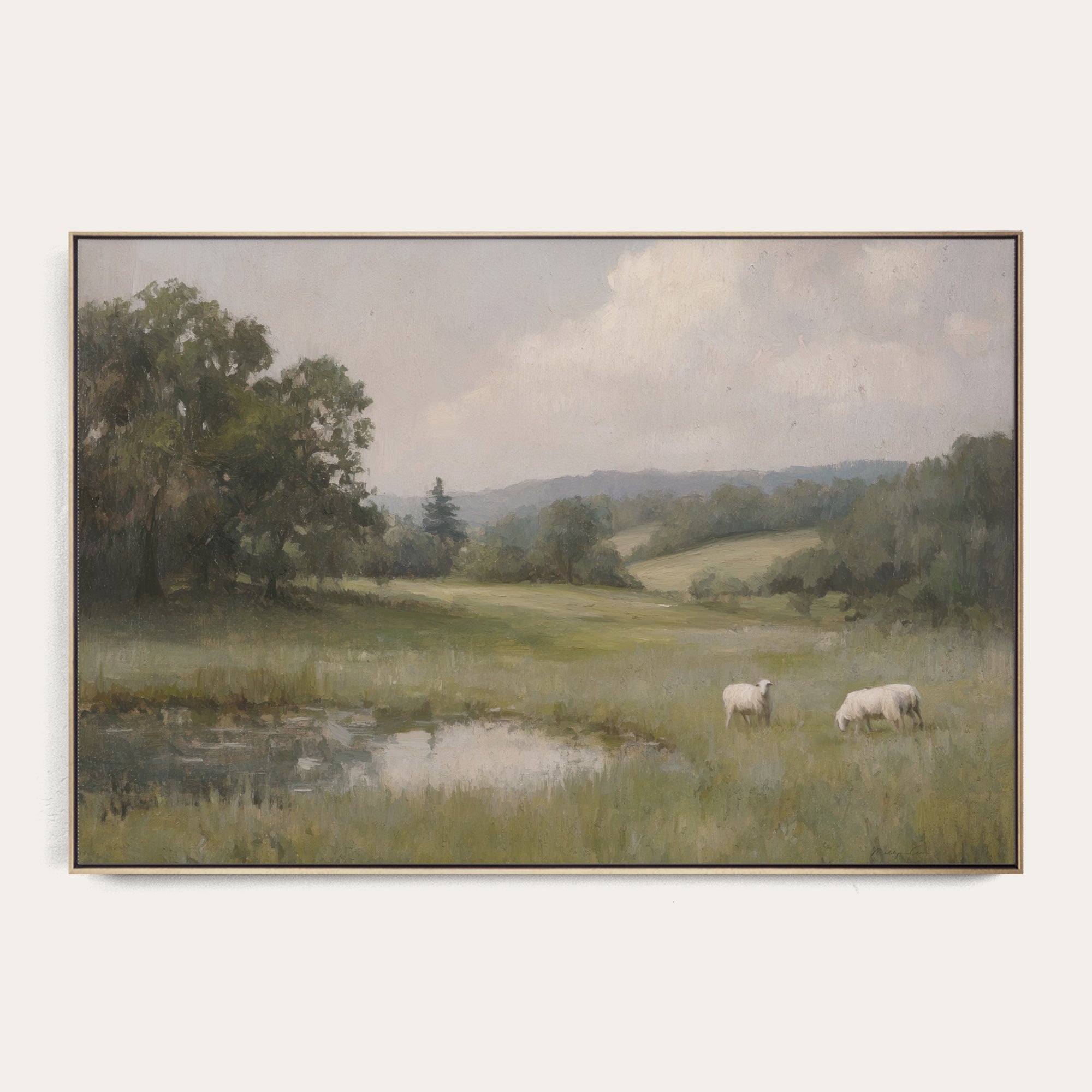 Framed painting of a pastoral scene with sheep in a field. 