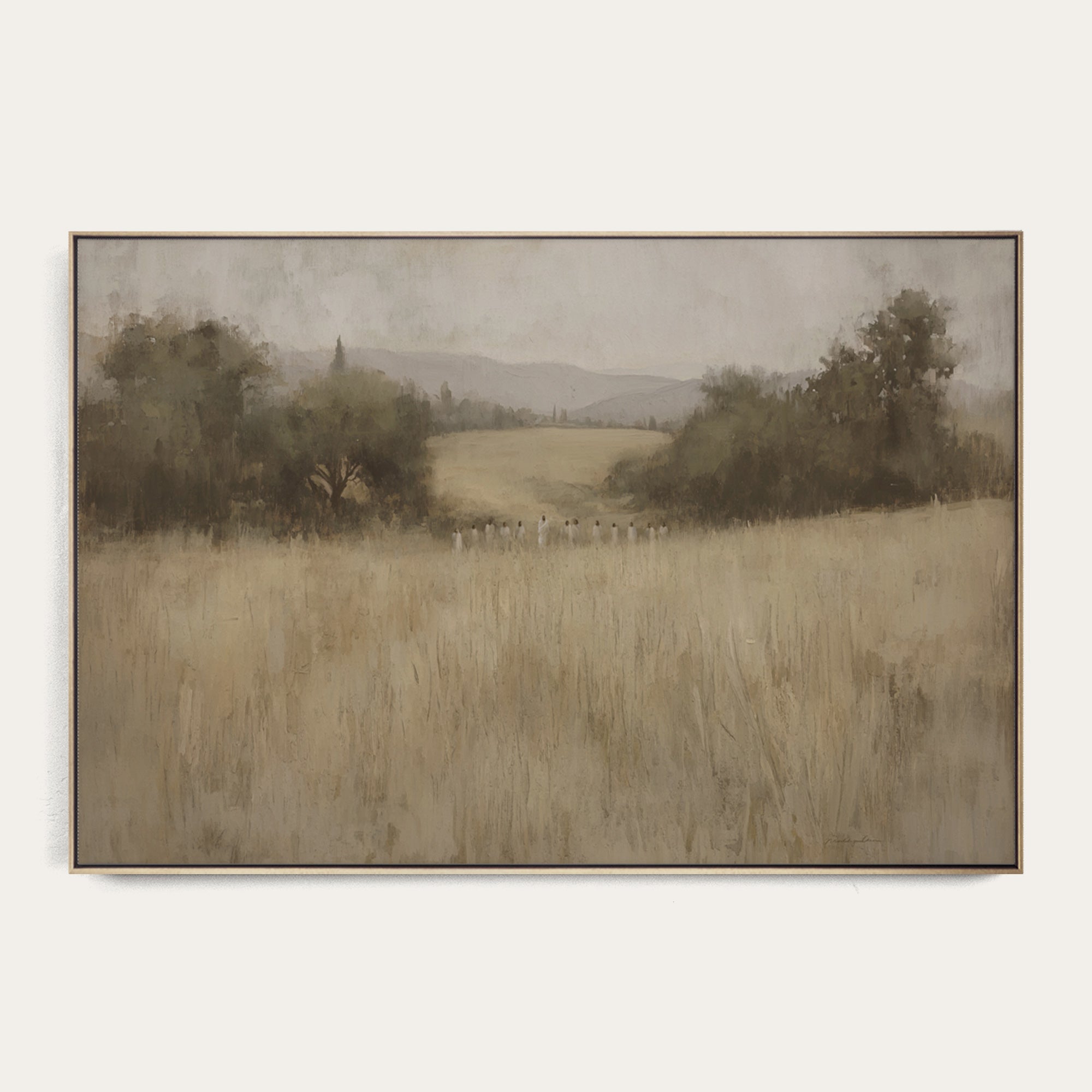 Framed artwork of a landscape with trees and a field on a white background 