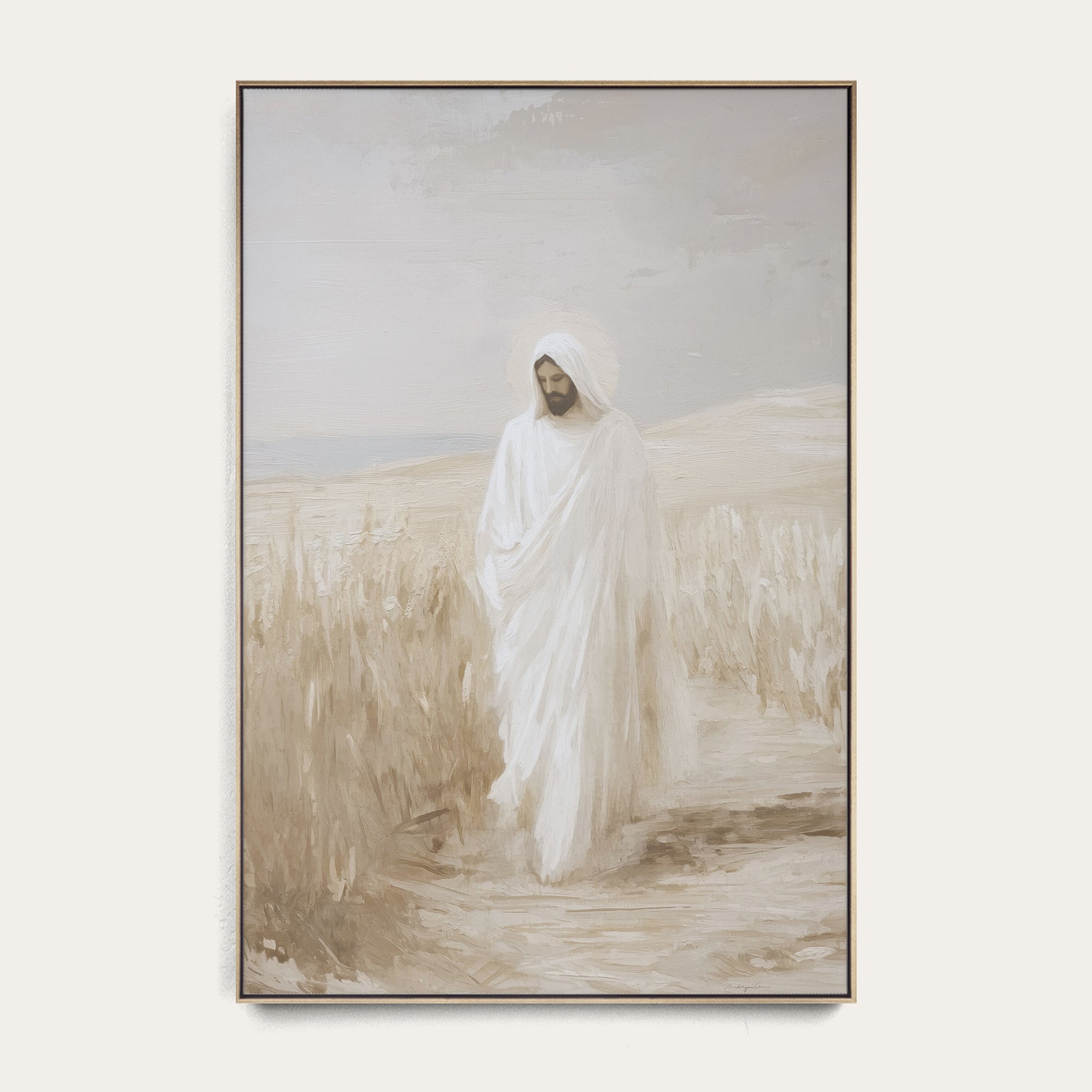 Framed artwork of a person in a white robe standing in a field with a neutral background 