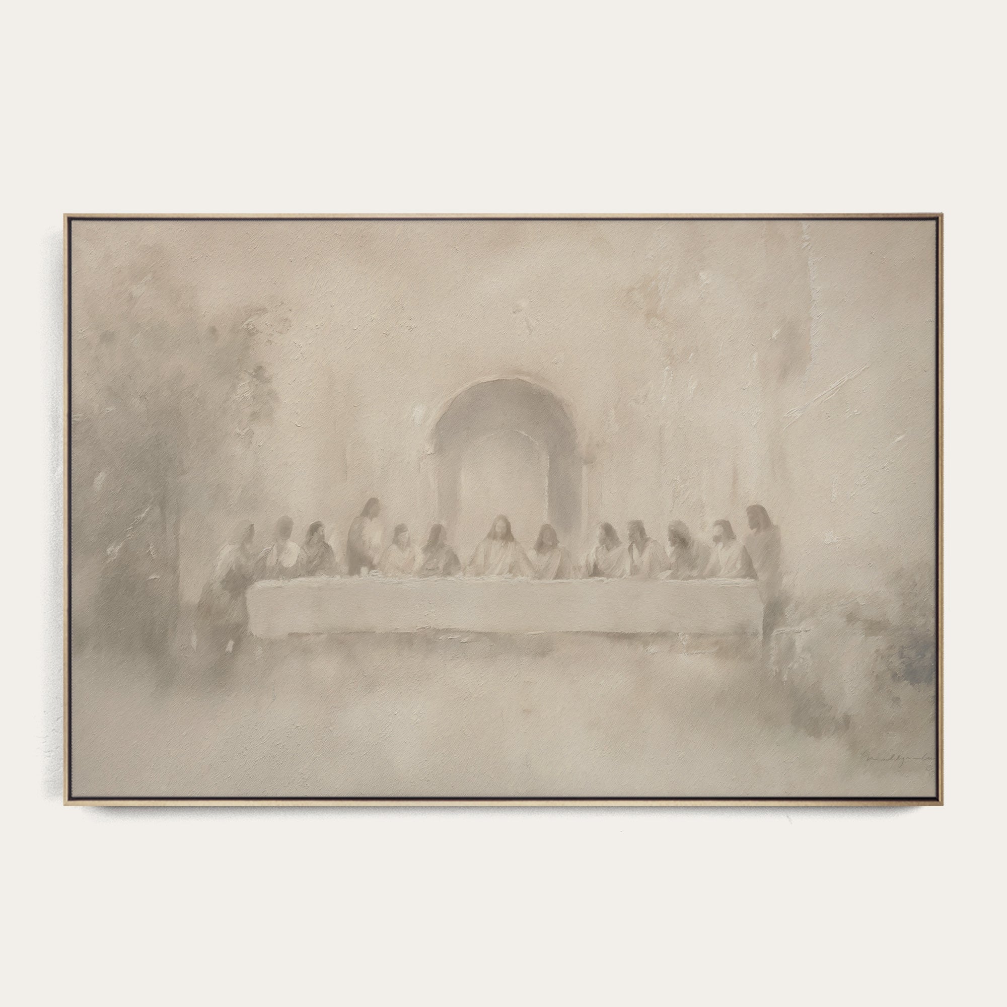 Framed artwork of a classical painting with a group of figures around a table. 
