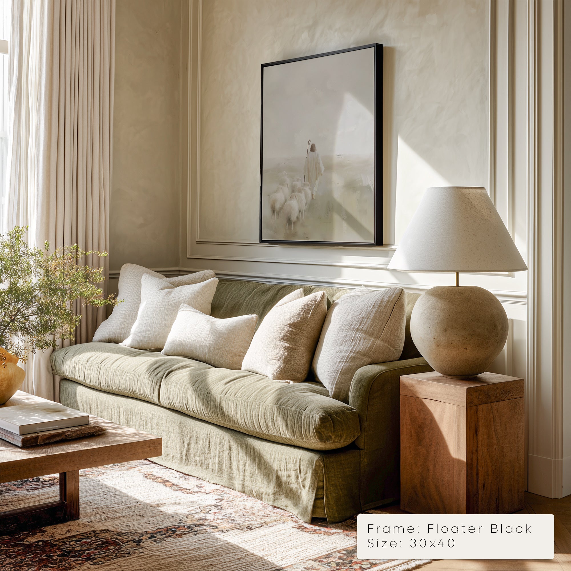 Living room with a beige sofa, wooden side table, and framed artwork on the wall.