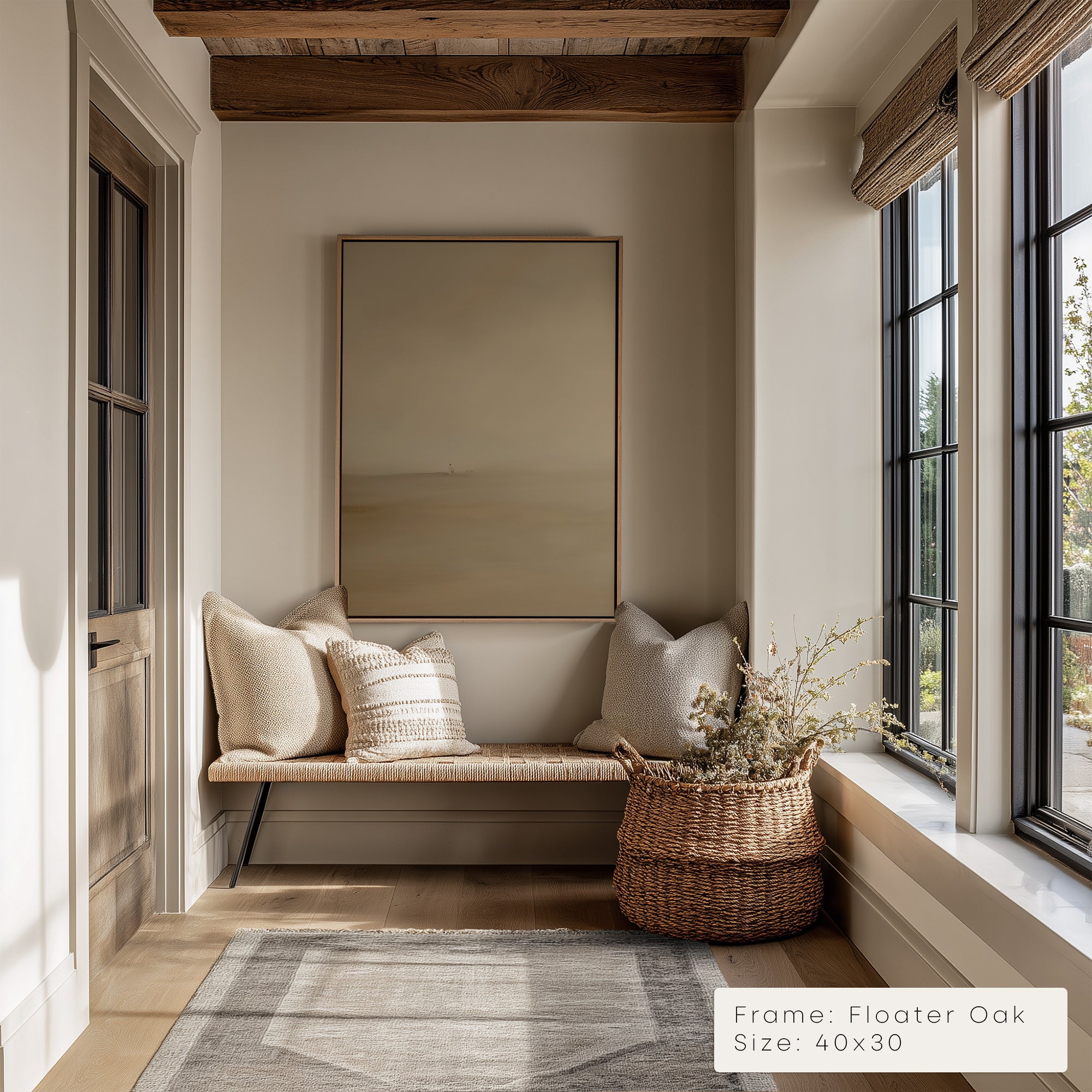Nook with a wooden bench, pillows, and a woven basket by a window.
