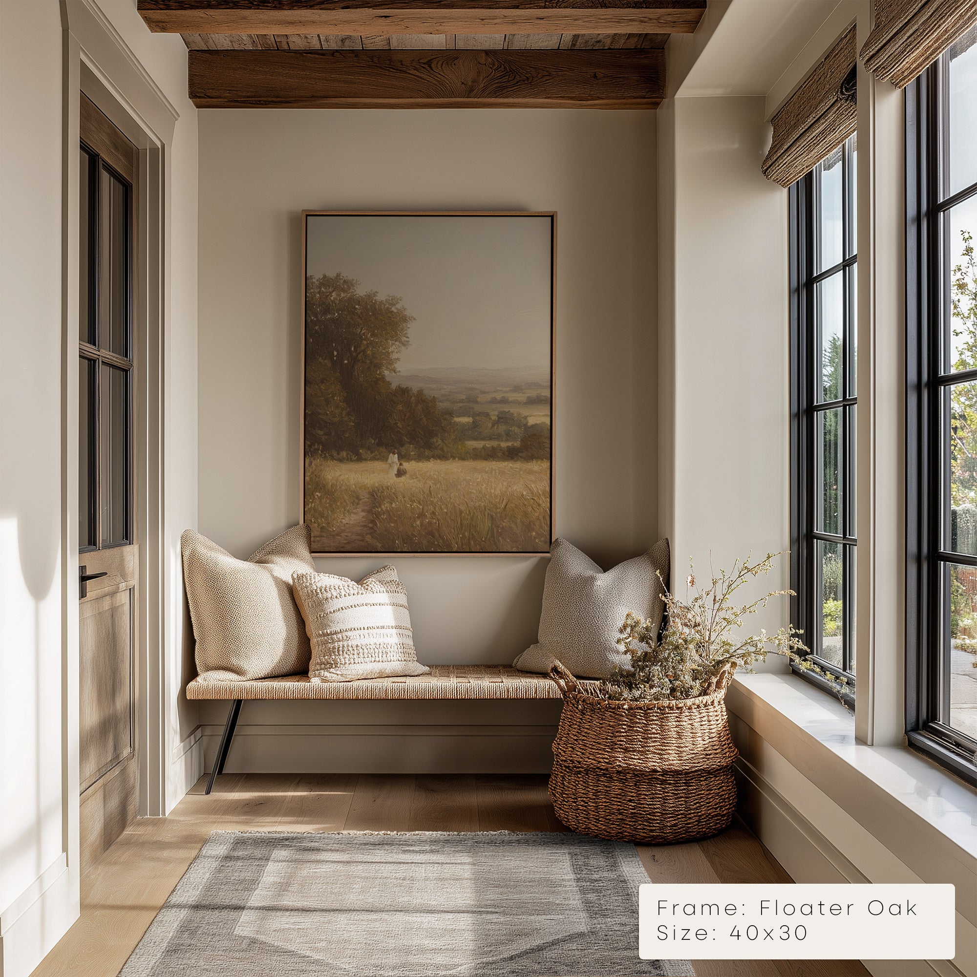 Nook with a cushioned bench, framed artwork, and a woven basket with plants.