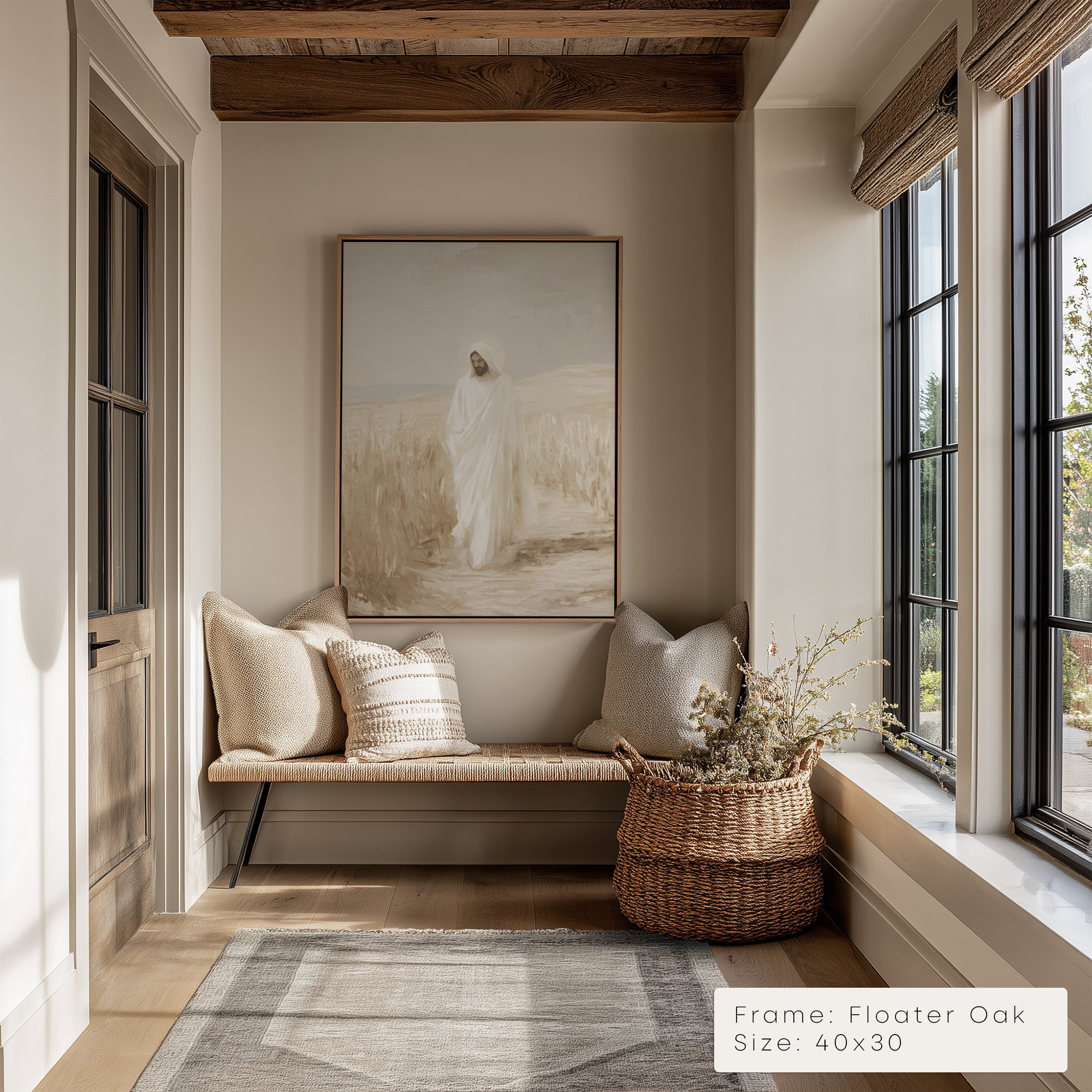 Nook with wooden bench, pillows, and a woven basket with flowers, featuring a framed artwork on the wall.