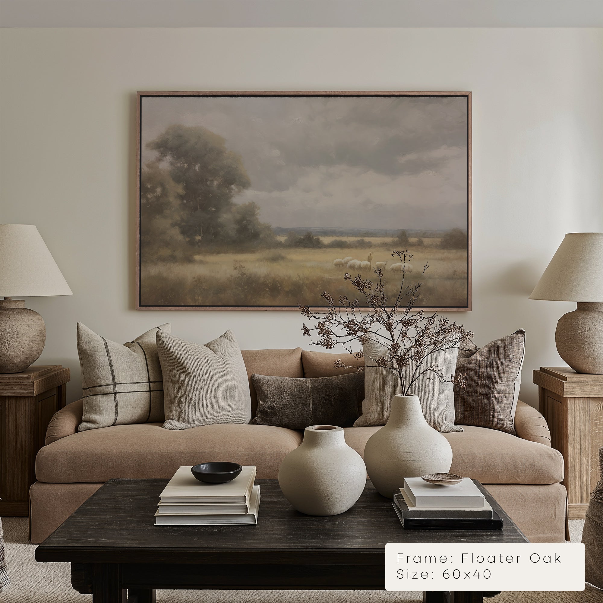Living room with beige sofa, decorative vases, and a landscape painting on the wall.