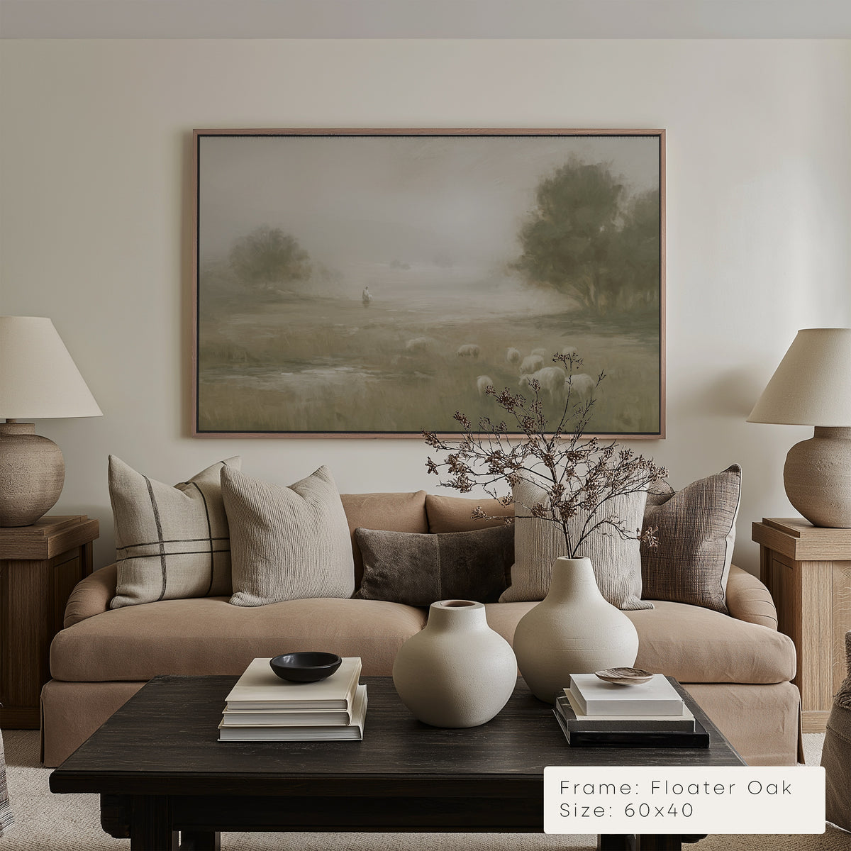 Living room with beige sofa, decorative vases, and a framed landscape painting. 