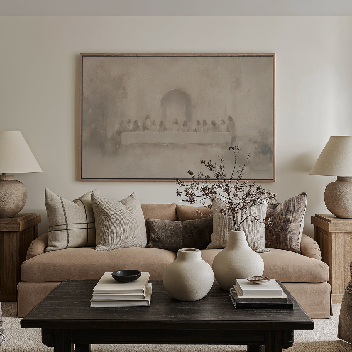 Living room with beige sofa, wooden coffee table, and decorative vases.